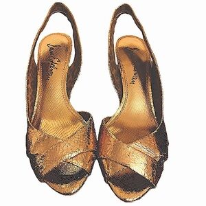 Sam Edelman leather sandals peep toe kitten heel Slingbacks crackle gold 10 NWOT